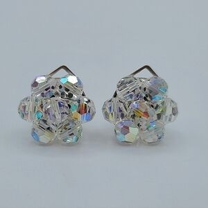 Vintage Crystal Aurora Borealis Clip Earrings Made In Italy #1209